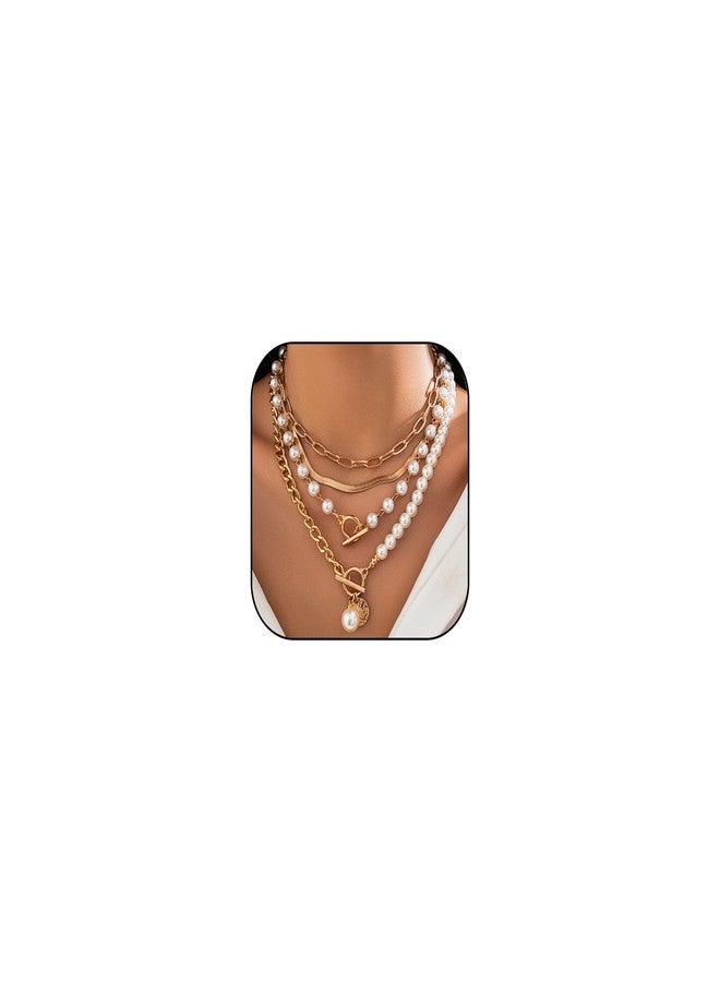 TACBSP Gold Layered Pearl Necklaces for Women Chunky Beaded Pearl Coin Choker Necklace Adjustable Layered Paperclip Chain Snake Chain Coin Pendant Necklaces Jewelry Accessories Gifts for Women - Image 1